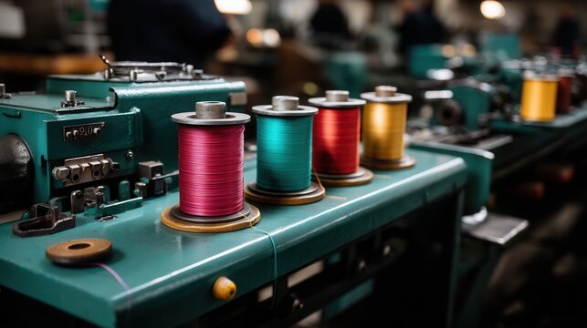 Colorful thread spools on vintage sewing machine in factory