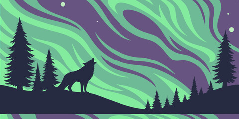Aurora Borealis with Wolf Silhouette Against Colorful Sky  
