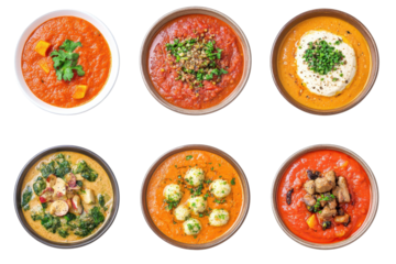 An aerial view of six bowls of savory soups