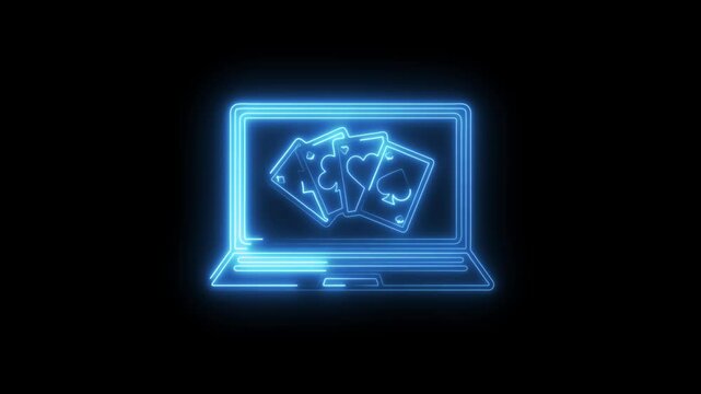 Glowing laptop with playing cards concept for online casino and gambling entertainment with neon outlines and technology theme on black background
