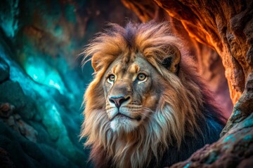 Naklejka premium Majestic Lion Portrait in Colorful Cave