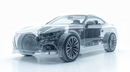 Meticulous X-ray of a car engine with pistons, cylinders, and crankshaft, shown in sharp detail against a snow-white background for a clean, high-tech look.