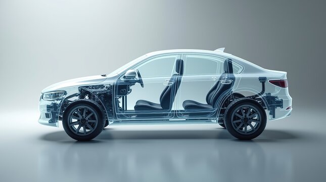 Realistic X-ray of a car chassis with wheels, axles, and suspension parts suspended above the frame, set against a soft gray gradient for visual precision.