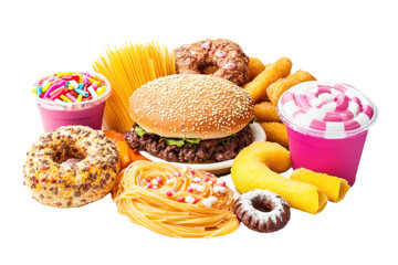 An overindulgence in unhealthy foods piled high on a black surface
