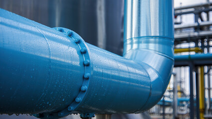 Detailed close-up of a wet blue oil pipeline at a refinery, highlighting the steel texture, bolts, and industrial structures surrounding it.