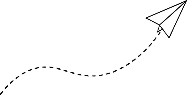 Black paper airplane soars upward, trailing a dotted flight path on transparent backdrop