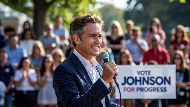 Political candidate delivering passionate speech with confident expression and microphone in foreground, leadership and public speaking concept, election campaign and democracy theme.
