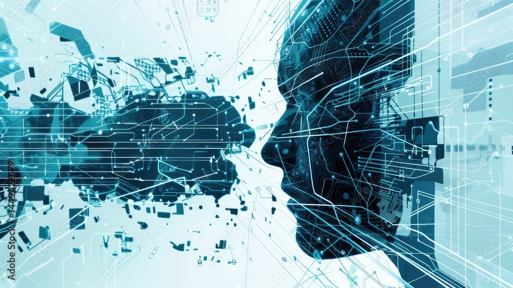 Poster this abstract image visually represents the concept of digital interaction, featuring a human profil