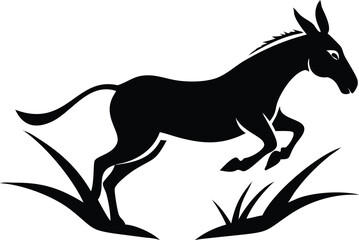 Obraz premium Black silhouette donkey jumps through sparse grass, isolated on white, minimalist animal art