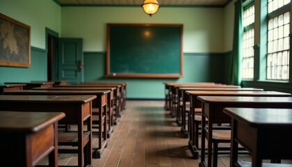 Fototapeta premium Vintage Classroom with Wooden Desks and Chalkboard