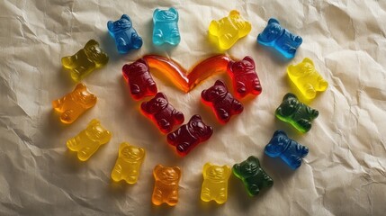 Colorful gummy bears arranged in a heart shape on paper.