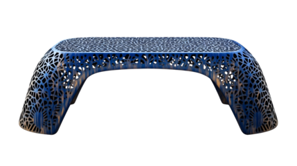 Blue and tan patterned table with lattice framework, cut out transparent