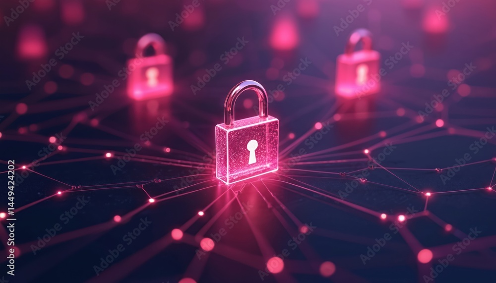 Poster digital locks representing secure network connections in vibrant design. padlocks interconnected by 
