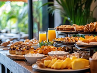 Buffet breakfast spread with pastries, fruits, and juice