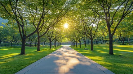 Sunlight path, trees, lawn. Lush greenery, nature view