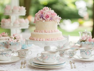 A beautifully arranged outdoor tea party featuring a two-tiered floral cake surrounded by delicate china teacups and pastel decorations, set in a serene garden with soft lighting