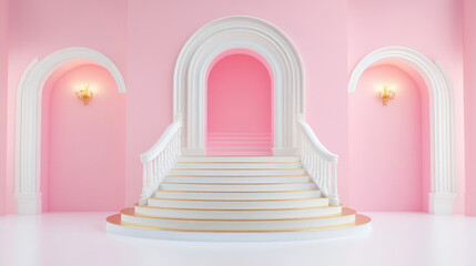 Pink room with white archways and stairs