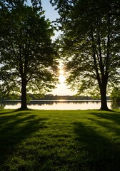 Fototapeta premium Serene lakeside vista with verdant meadow casting shadow patterns beneath trees, sunlight twinkling on tranquil water evoking a sense of peace and natural beauty