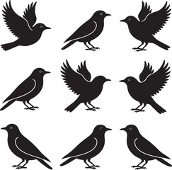 Bird Silhouettes Vector Icons Flying Perched Wings Spread
