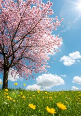 Tranquil spring landscape featuring a blossoming cherry tree, vibrant wildflowers, and a serene blue sky promoting tranquility and springtime ambience