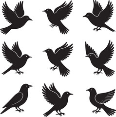 Bird Silhouettes Vector Icons Flying Perched Wings Spread

