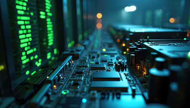 High-tech data center server farm futuristic tech environment. Glowing circuit boards, server racks in dark blue, green. Data processing and storage, network, cloud computing.