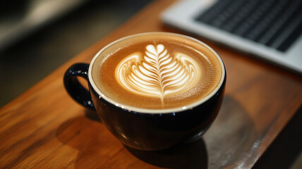 Close-up of Hot coffee latte with latte art milk foam in cup mug and laptop computer on wood desk office desk in coffee shop at the cafe,during business work concept