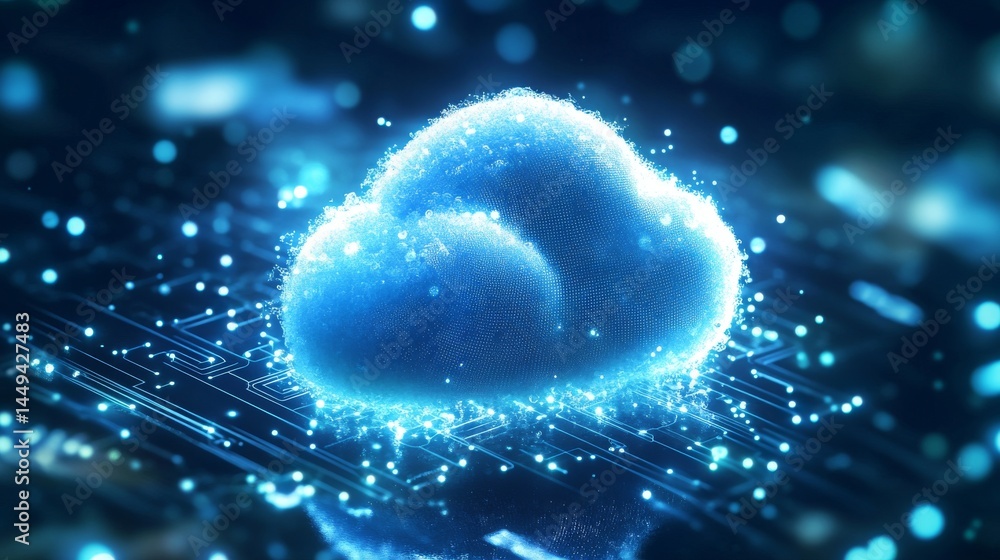Poster cloud symbol with a circuit board background. digital connectivity and technology. database storage 