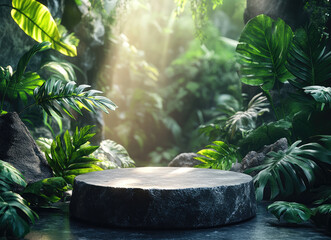 Natural Light Mockup with Podium in Lush Green Forest