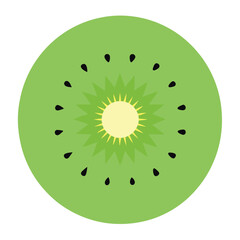 Cartoon slice of green kiwi fruit features its black seeds and pale core against white