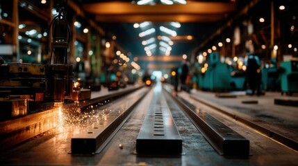 Atmospheric industrial factory floor with metal production at night