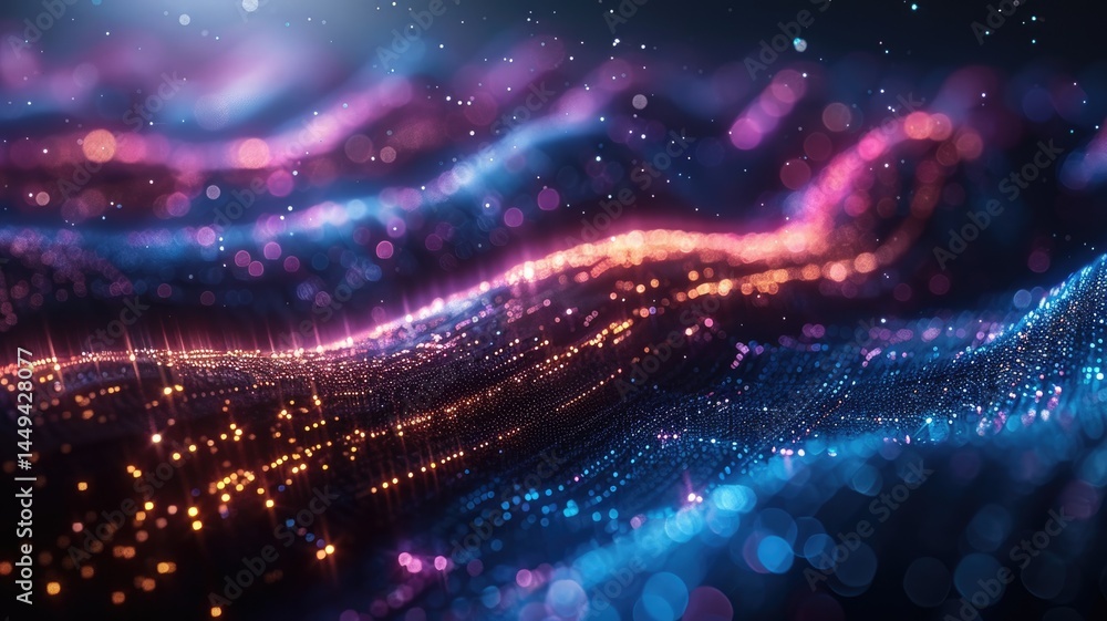 Poster abstract picture of micro light sparkling particles scattered across vivid flowing wave with digital