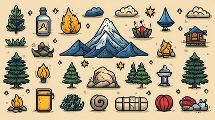 Camping and outdoor exploration themed icon set