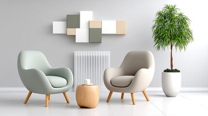 Modern minimalist living room with two armchairs and a wooden coffee table.  Muted color palette, neutral tones, and minimalist design.  A small potted plant adds a touch of nature