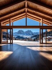 Alpine Chalet Panorama: Breathtaking Mountain View from Wooden Interior
