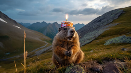 Groundhog wearing a birthday cake crown on a mountain