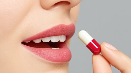 Naklejka premium Woman taking a white and red capsule with her hand
