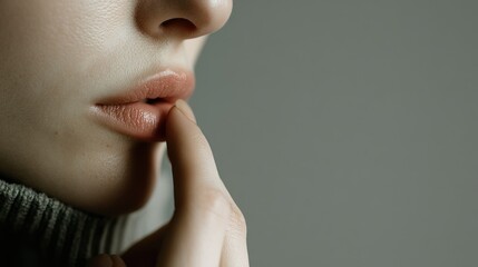 Woman's face showing focus or thought. Neutral backdrop