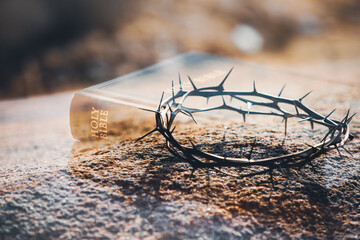 A crown of thorns and a Bible symbolizing the sacrifice and suffering of Jesus Christ on the cross,...