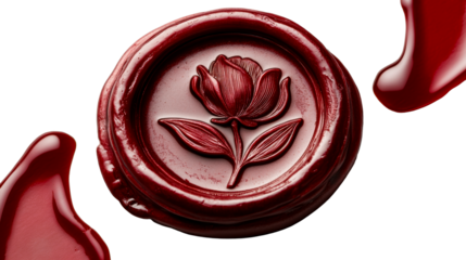 Vintage red wax seal with floral rose design, cut out transparent