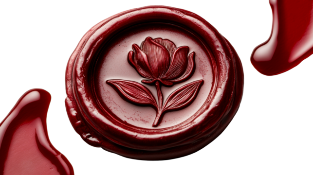 Vintage red wax seal with floral rose design, cut out transparent