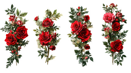 Rose floral decorative elements, vibrant red, leaf foliage, cut out transparent