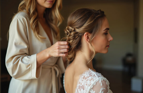 Bride gets elegant hairstyle done by professional hairstylist. Wedding day preparations, close-up of hair, waves, curls, updo hairstyle. Bridal beauty, romantic portrait. Getting ready for wedding,