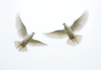 Obraz premium Two white doves gracefully soaring against a bright sky with wings spread wide in elegant flight
