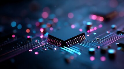 Macro view of a modern computer chip illuminated by vibrant purple lighting. Ideal for themes like innovation, digital technology, or AI concepts.