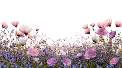 Field with light pink cosmos and lavender, cut out transparent