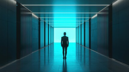 A solitary figure in a suit walks down a futuristic, illuminated hallway with a blue glow.