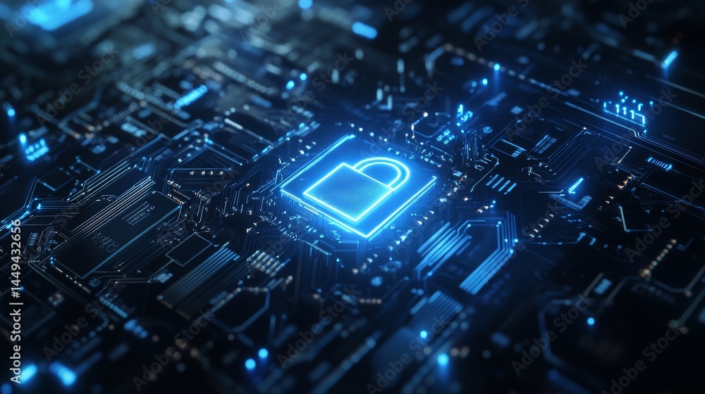 Poster lock on the circuit board. cyber security protection technology. digital data security padlock. web 