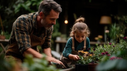 Fototapeta premium Thoughtful adult and child gardening together in greenhouse