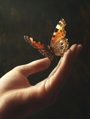 A delicate butterfly rests gently on a human hand.